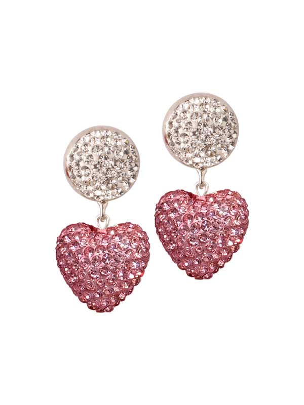 Ett glittrigt örhänge med ett rosa glitterhjärta.